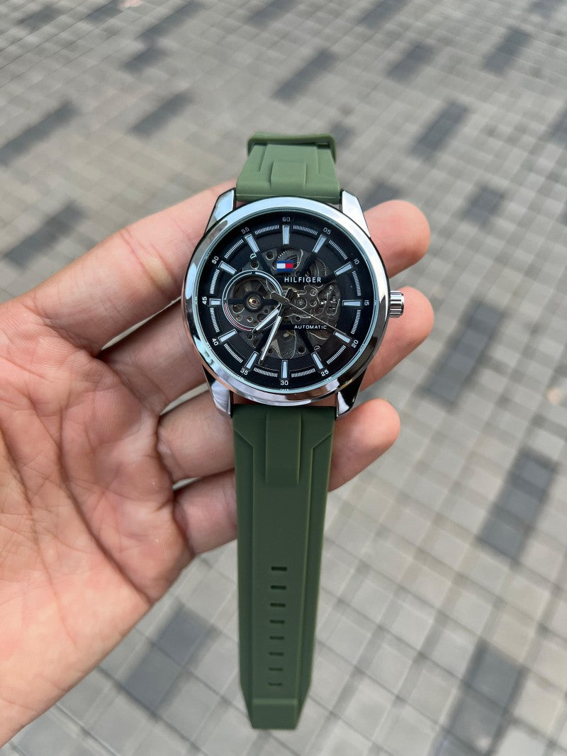 Tommy Hilfige r Automatic Silver Green Silicon
