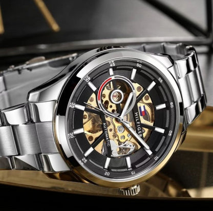 Tommy Hilfige r Automatic Silver Black Chain