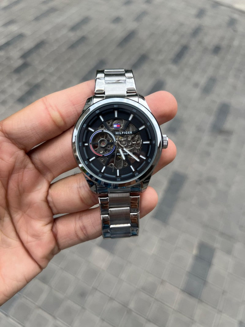 Tommy Hilfige r Automatic Silver Black Chain
