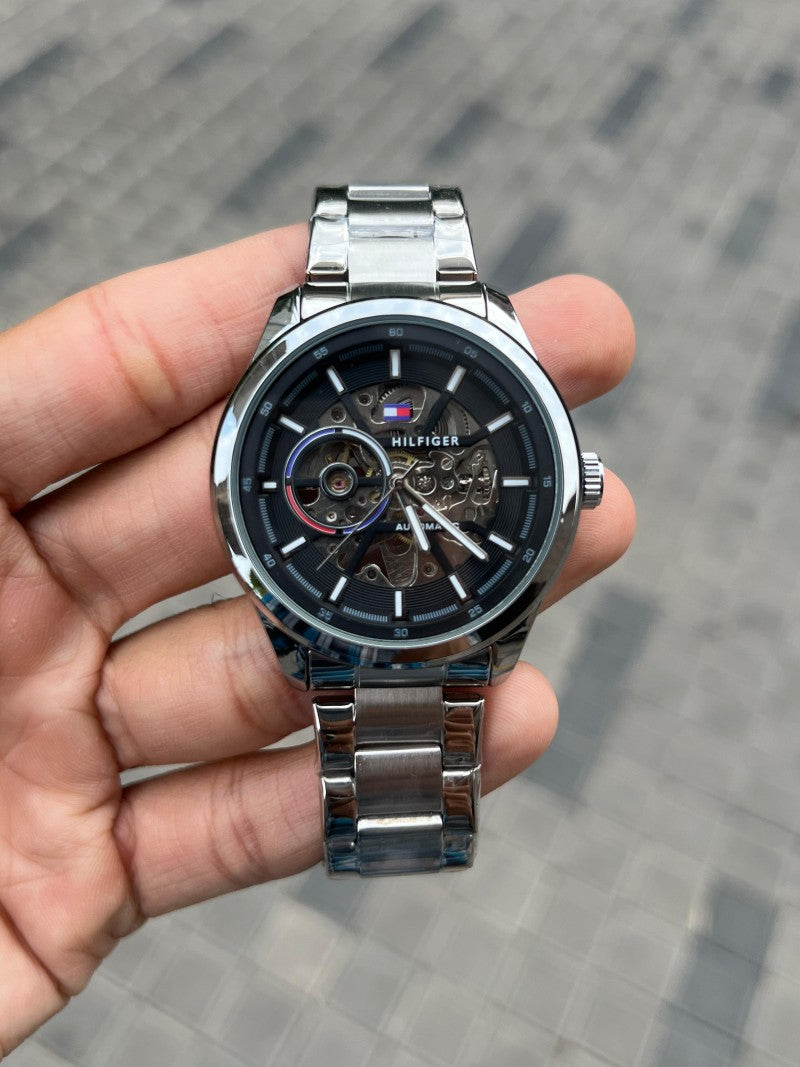Tommy Hilfige r Automatic Silver Black Chain