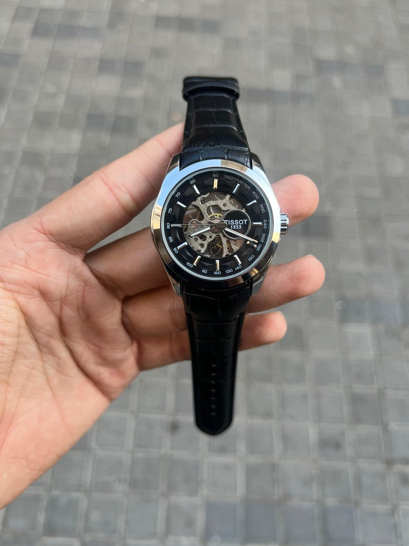 Tisso t 1853 Skeleton Automatic Silver Black leather