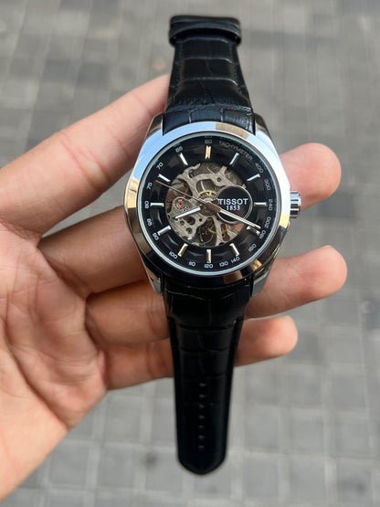 Tisso t 1853 Skeleton Automatic Silver Black leather