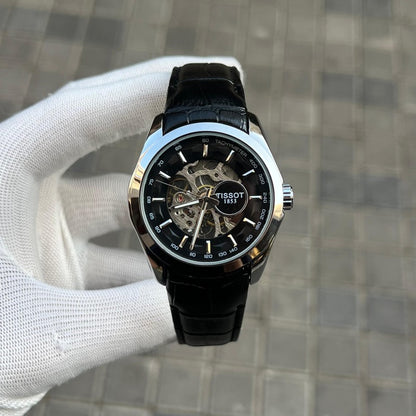Tisso t 1853 Skeleton Automatic Silver Black leather