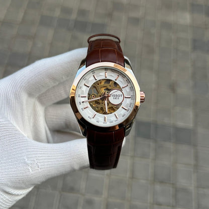 Tisso t 1853 Skeleton Automatic Two Tone Brown leather