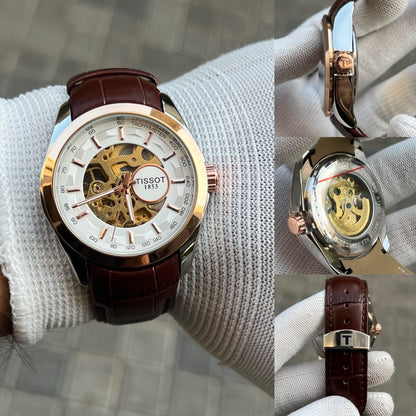 Tisso t 1853 Skeleton Automatic Two Tone Brown leather