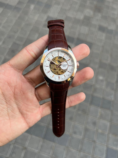 Tisso t 1853 Skeleton Automatic Two Tone Brown leather