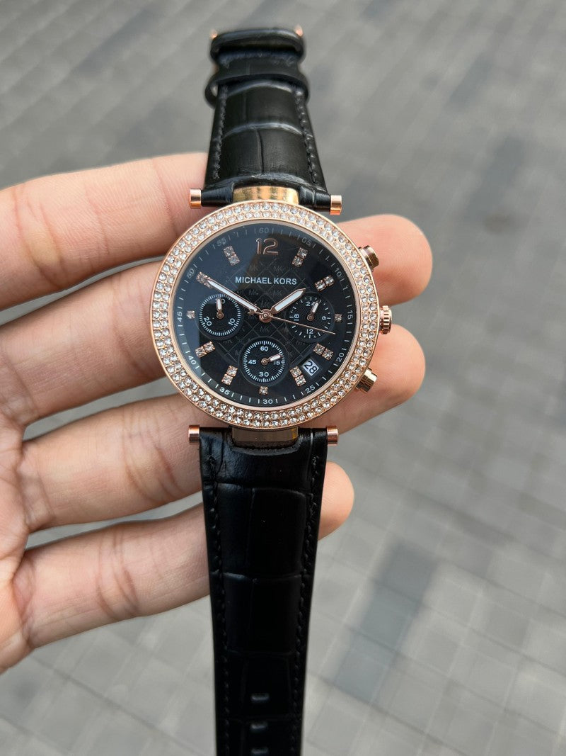 Michael Kor s Leather Black Rose gold Womens