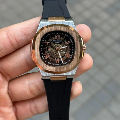 Patek Phillip e Nautilus Skeleton Silicone Rose Two Tone Black