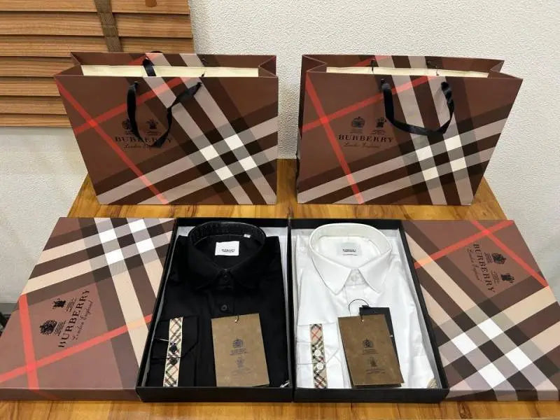 Burberr_y Pocket Monogr_am Embroidered Cuff Signature Patched Imported Partywear Shirth With Og BoX & Bag (DN109)