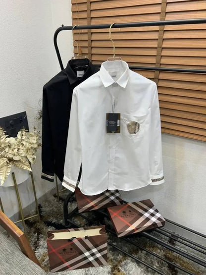 Burberr_y Pocket Monogr_am Embroidered Cuff Signature Patched Imported Partywear Shirth With Og BoX & Bag (DN109)