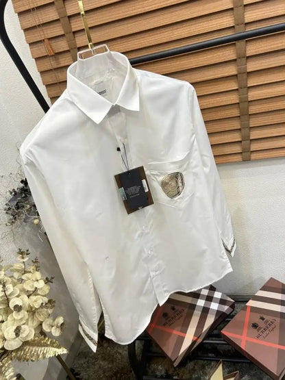 Burberr_y Pocket Monogr_am Embroidered Cuff Signature Patched Imported Partywear Shirth With Og BoX & Bag (DN109)