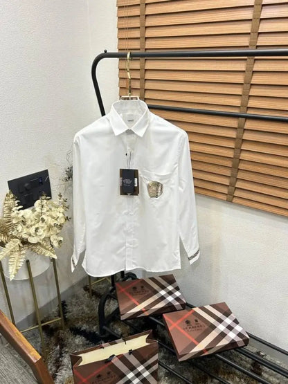 Burberr_y Pocket Monogr_am Embroidered Cuff Signature Patched Imported Partywear Shirth With Og BoX & Bag (DN109)