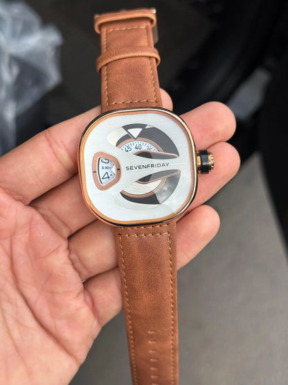 Seven Friday ME Series Leather Rose White Dial Tan Belt