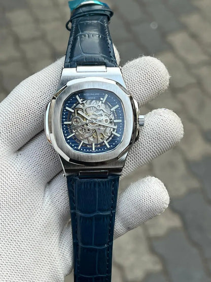 Patek Phillipe Skeleton Leather Belt Blue Silver
