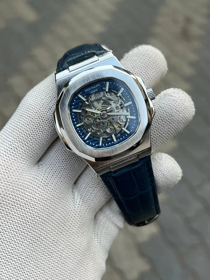 Patek Phillipe Skeleton Leather Belt Blue Silver
