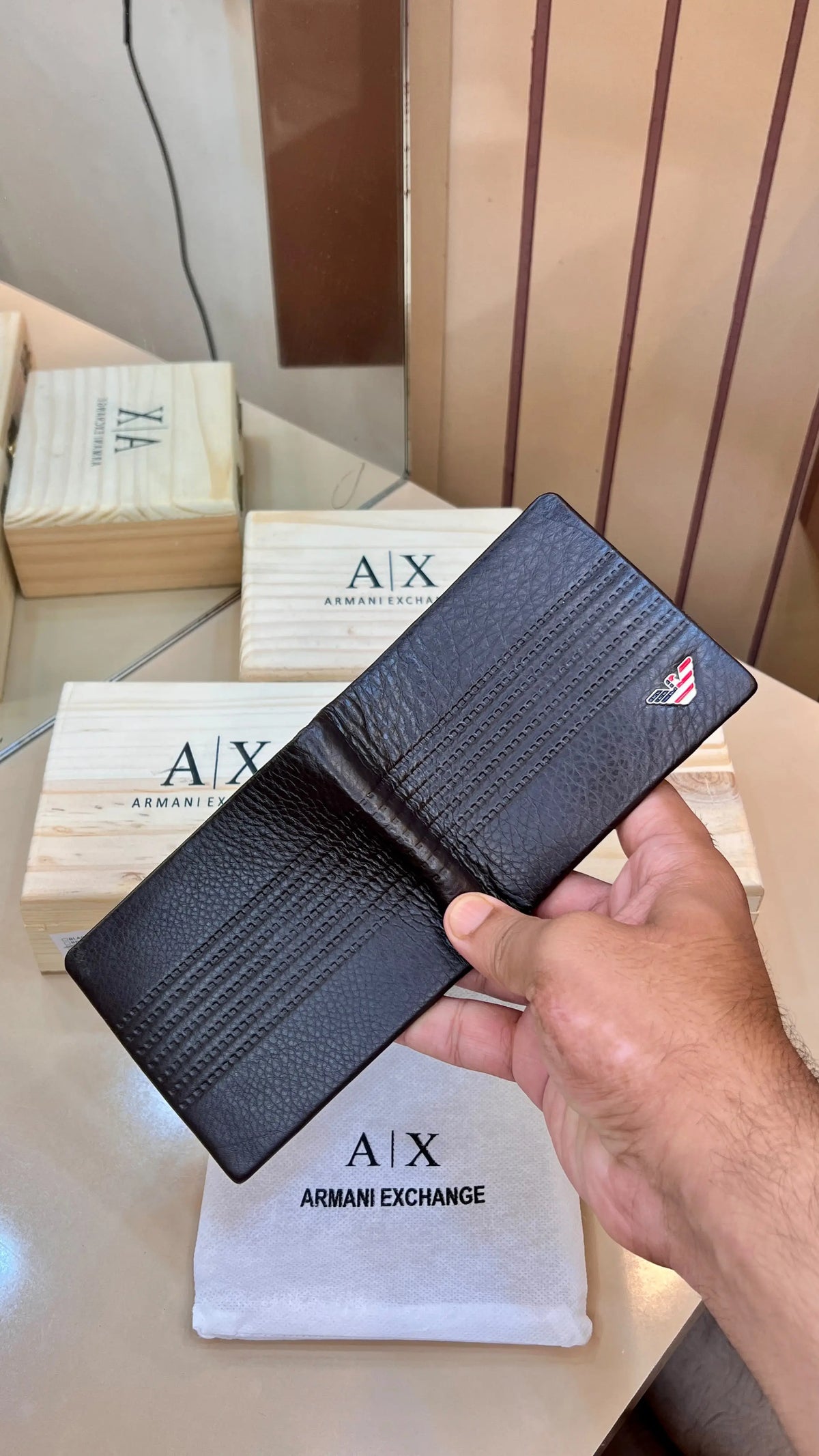 AX ARMANI EXCHANGE PREMIUM QUALITY IMP WALLETS WITH OG WOODEN BOX (BROWN)
