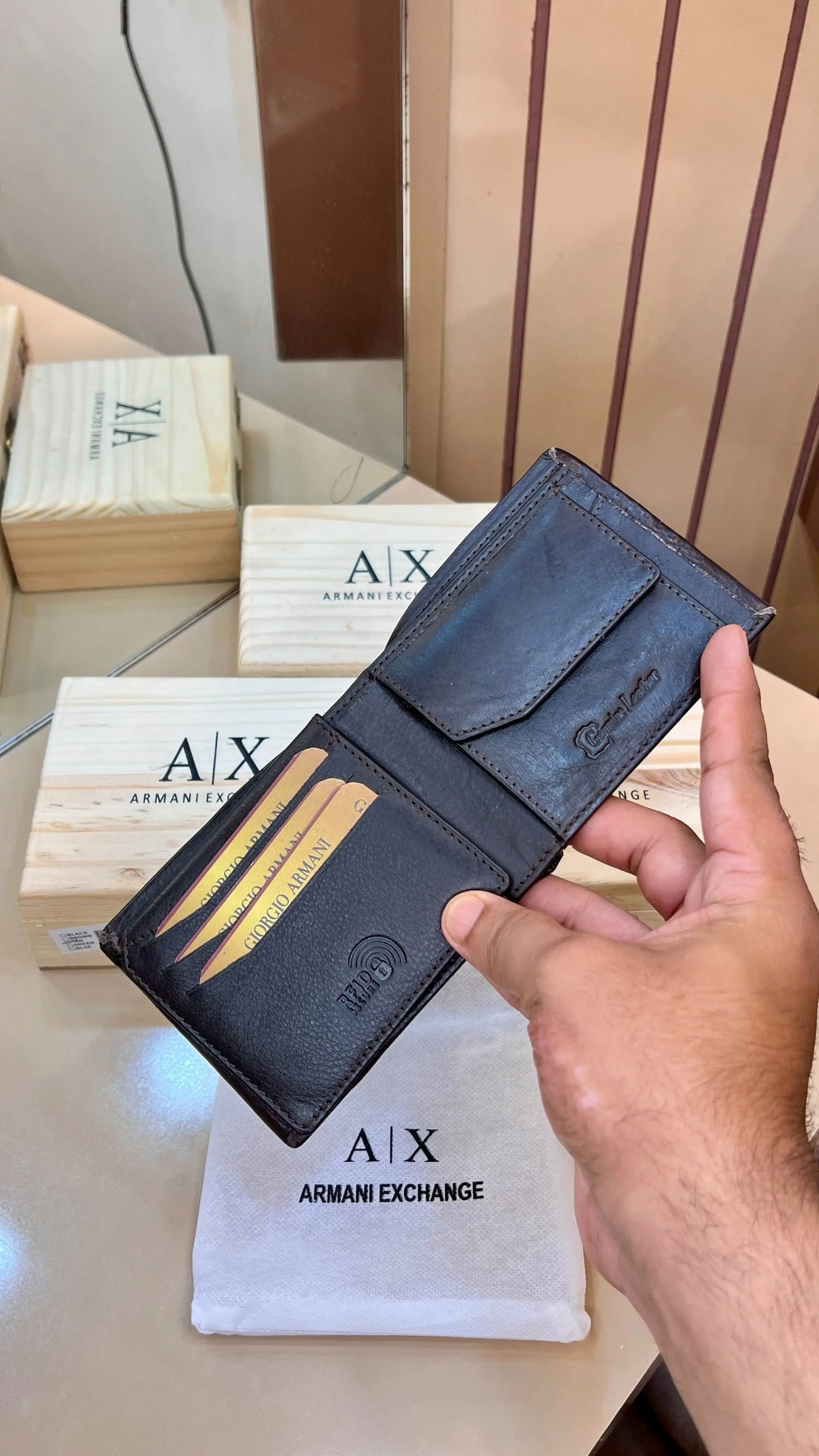 AX ARMANI EXCHANGE PREMIUM QUALITY IMP WALLETS WITH OG WOODEN BOX (BROWN)