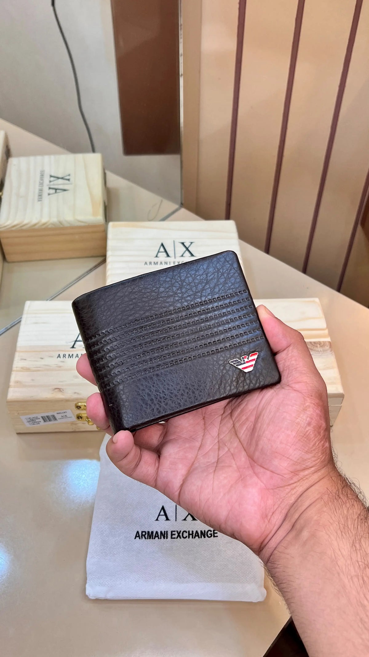 AX ARMANI EXCHANGE PREMIUM QUALITY IMP WALLETS WITH OG WOODEN BOX (BROWN)
