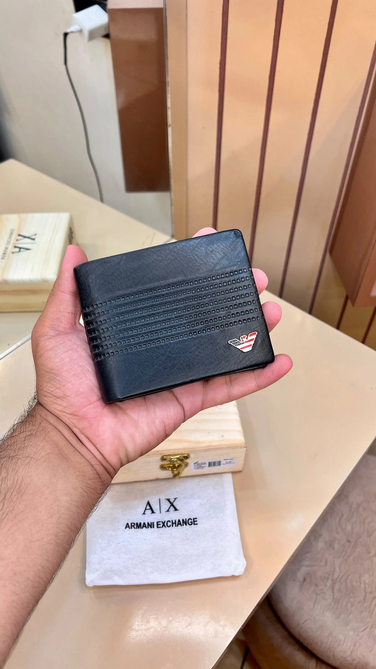 AX ARMANI EXCHANGE PREMIUM QUALITY IMP WALLET WITH OG WOODEN BOX (BLACK)