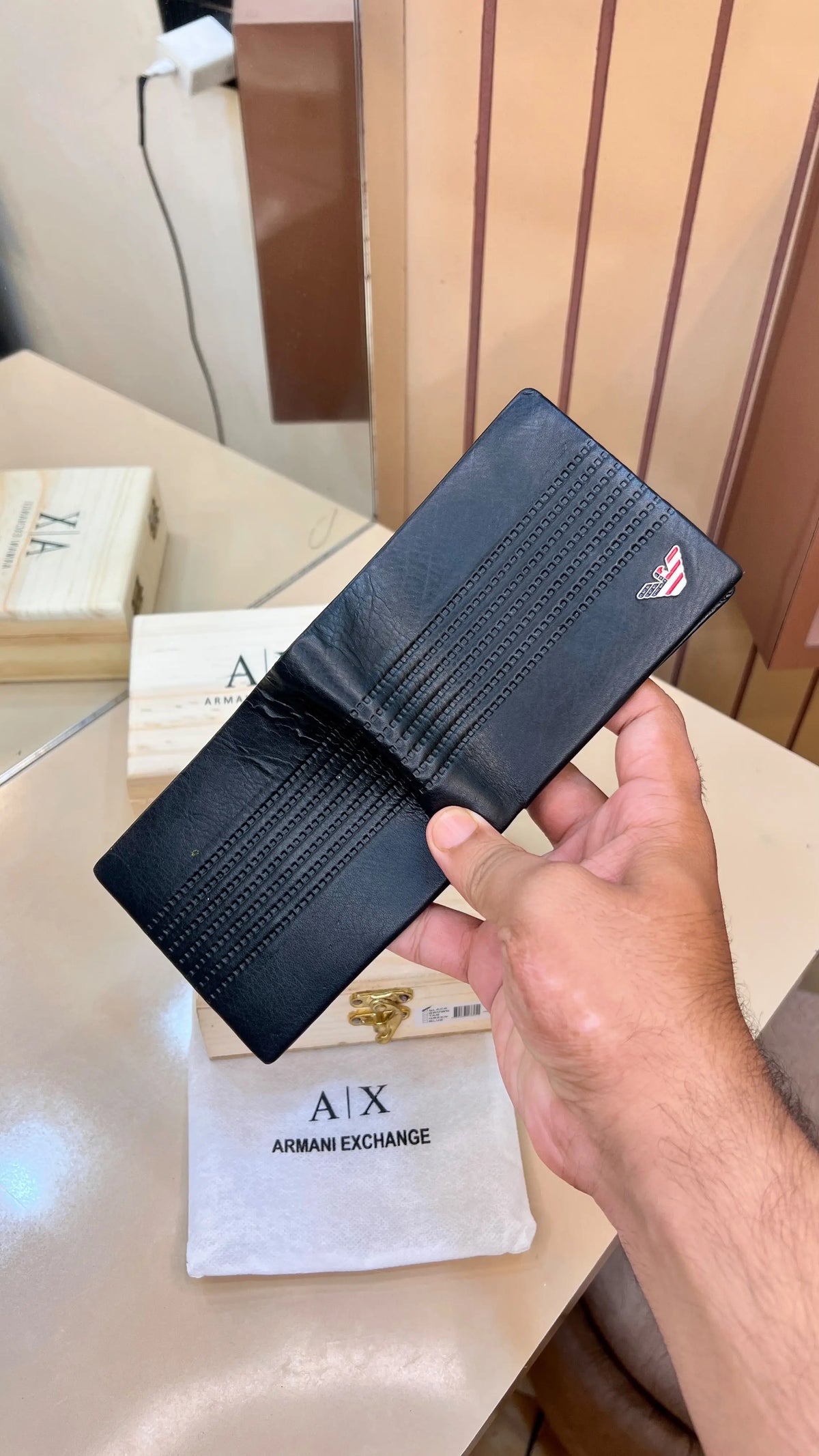 AX ARMANI EXCHANGE PREMIUM QUALITY IMP WALLET WITH OG WOODEN BOX (BLACK)
