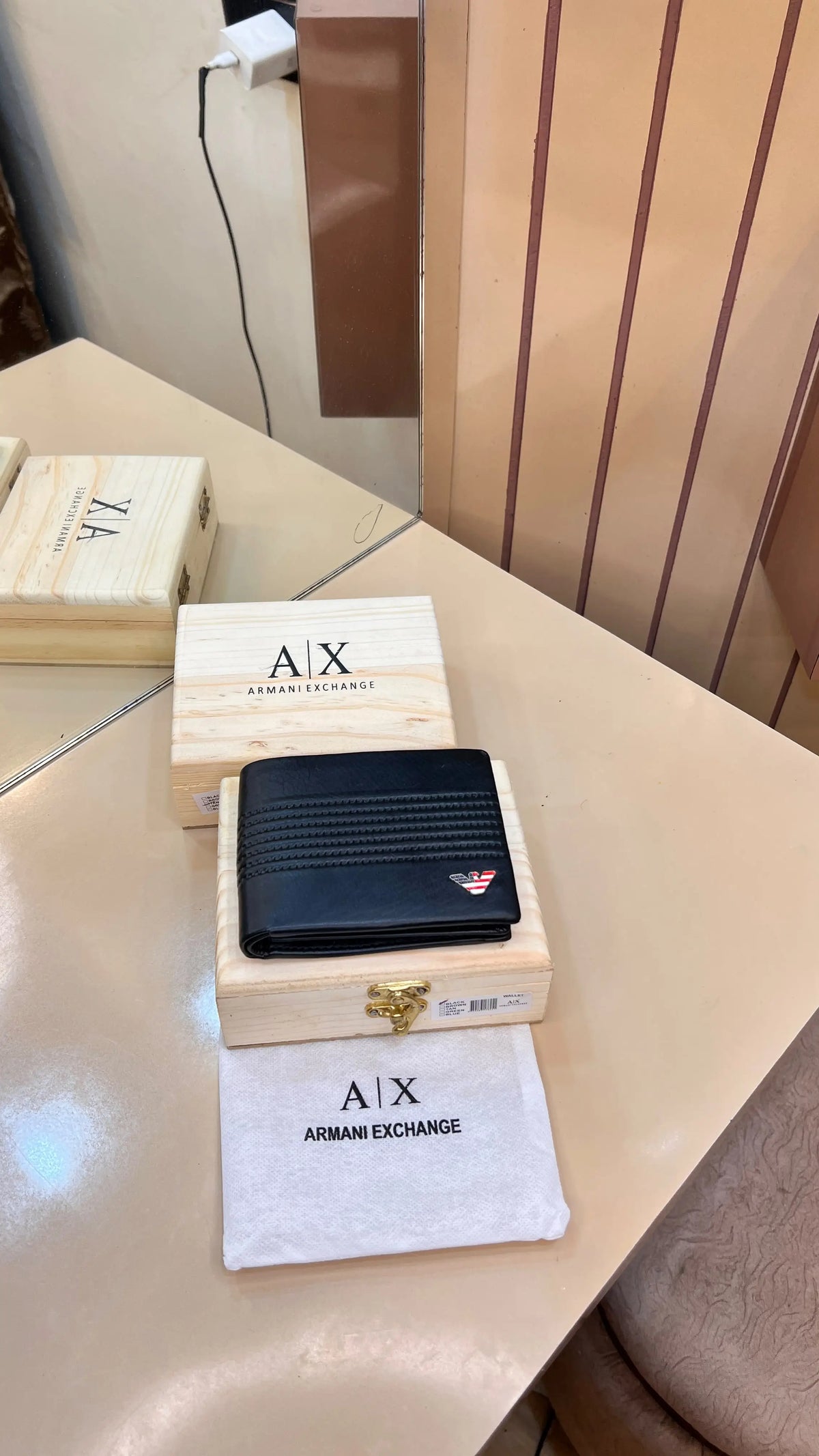 AX ARMANI EXCHANGE PREMIUM QUALITY IMP WALLET WITH OG WOODEN BOX (BLACK)
