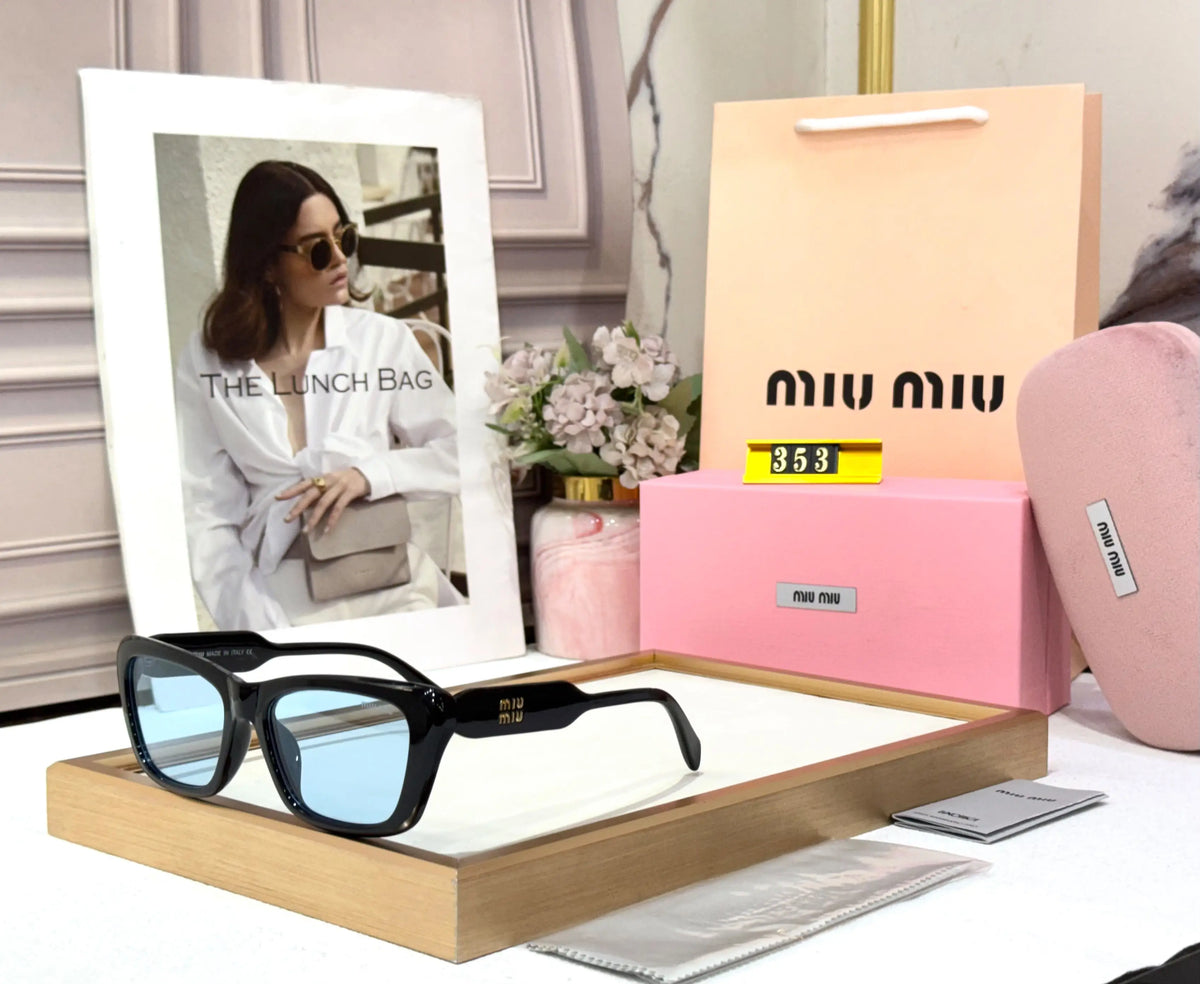 MIU MIU GLOSSY BLACK WITH BLUE CANDY PREMIUM QUALITY UV PROTECTION DESIGNER STORE MODEL 502
