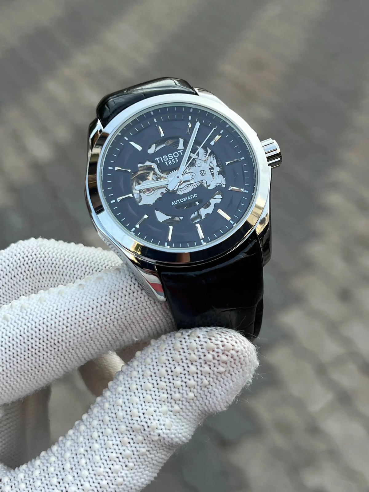 Tissot 1853 Leather Belt Black Silver Automatic