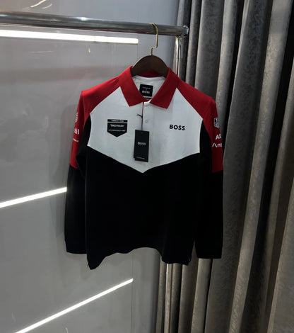 Hugo  Boss Porsche White Red Logo Work Premium Full Sleeve Polo T-Shirt