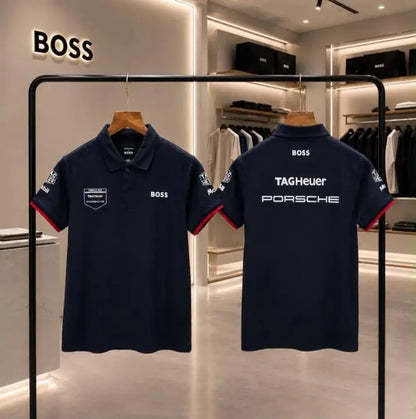 Hug o  Bos s X Porsche Navy Blue Logo Work Premium Polo T-shirt