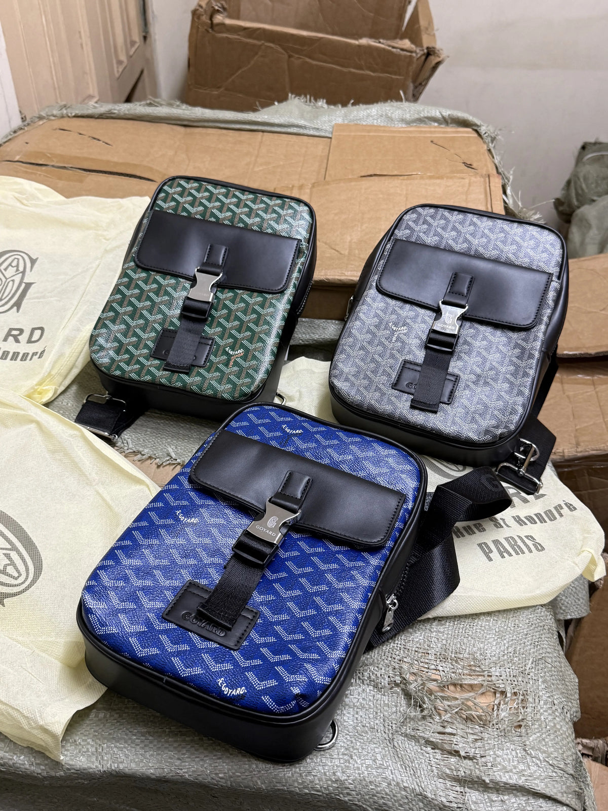 Goyard Alpin-style utility crossbody shoulder bag blue