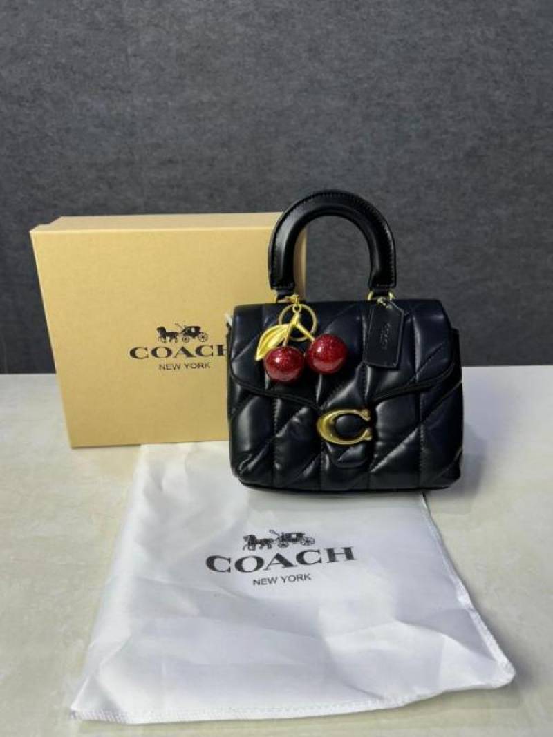 Coac tabby top handle quilted leather with cherry charm with box 884