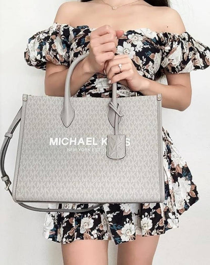 Michael Kor Mirella East West Medium Tote Pearl Grey MK Signature 87