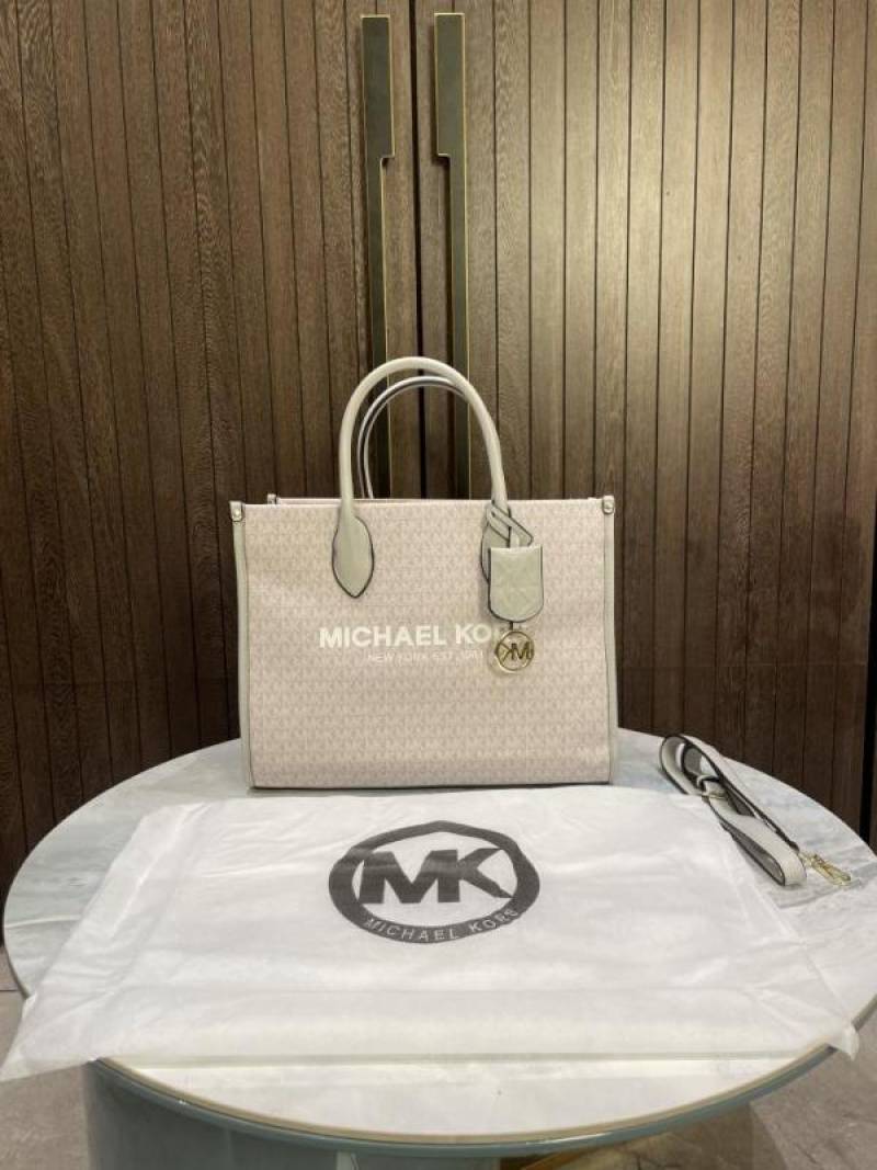 Michael Kor Mirella East West Medium Tote Pearl Grey MK Signature 87