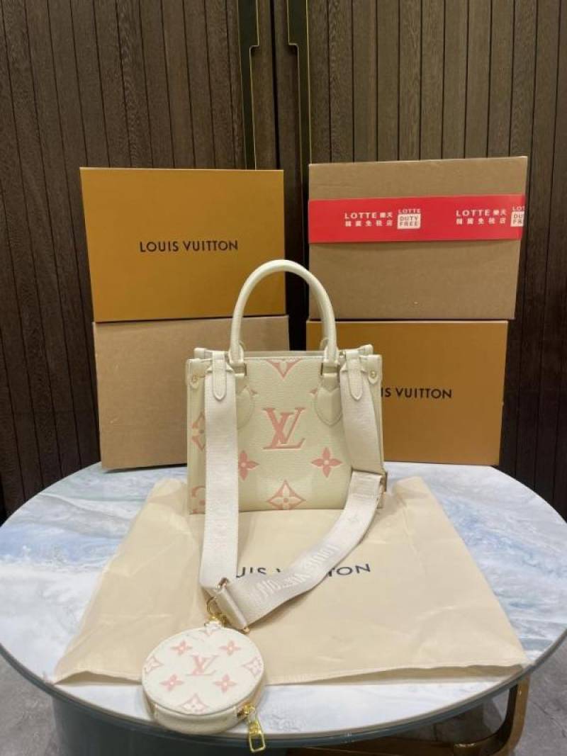 Loui vuitton onthego 25 white pink monogram canvas wit agnet box and carry bag 09