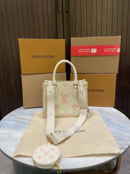 Loui vuitton onthego 25 white pink monogram canvas wit agnet box and carry bag 09
