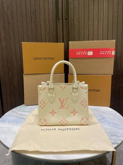 Loui vuitton onthego 25 white pink monogram canvas wit agnet box and carry bag 09