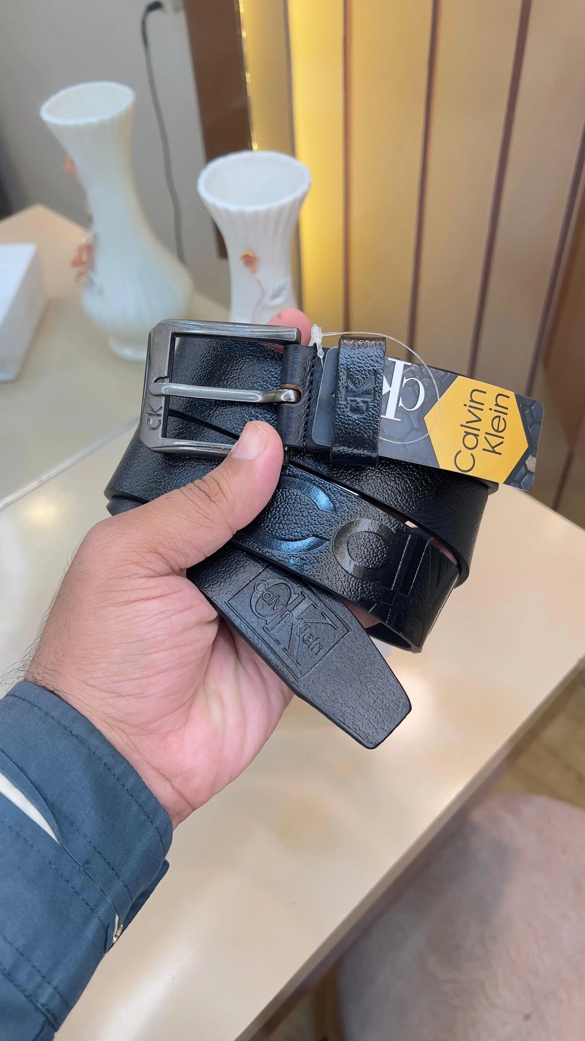 CK CALVIN KLEIN PREMIUM QUALITY IMP EMBOSSED LEATHER BELT WITH OG BOX