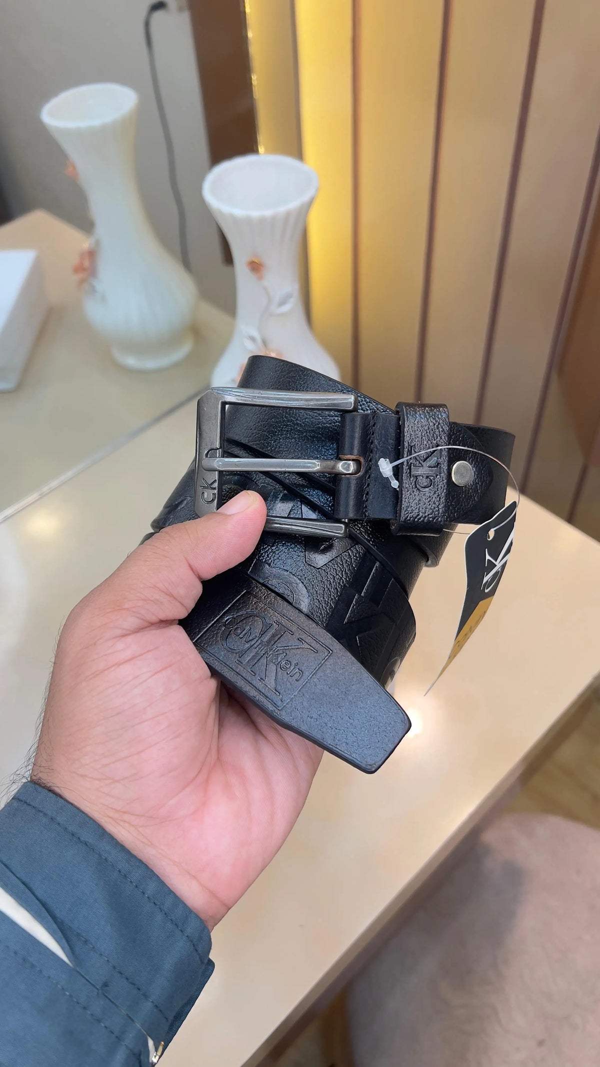 CK CALVIN KLEIN PREMIUM QUALITY IMP EMBOSSED LEATHER BELT WITH OG BOX