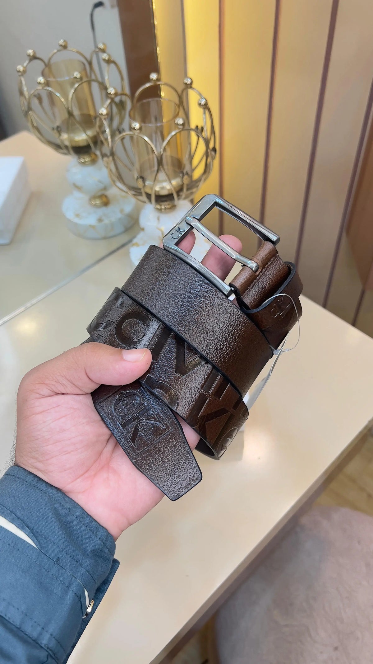 CK CALVIN KLEIN PREMIUM QUALITY IMP EMBOSSED LEATHER BELT WITH OG BOX