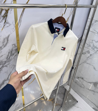 Tommy  Hilfiger Cream Logo Work Premium Full Sleeve Polo T-Shirt