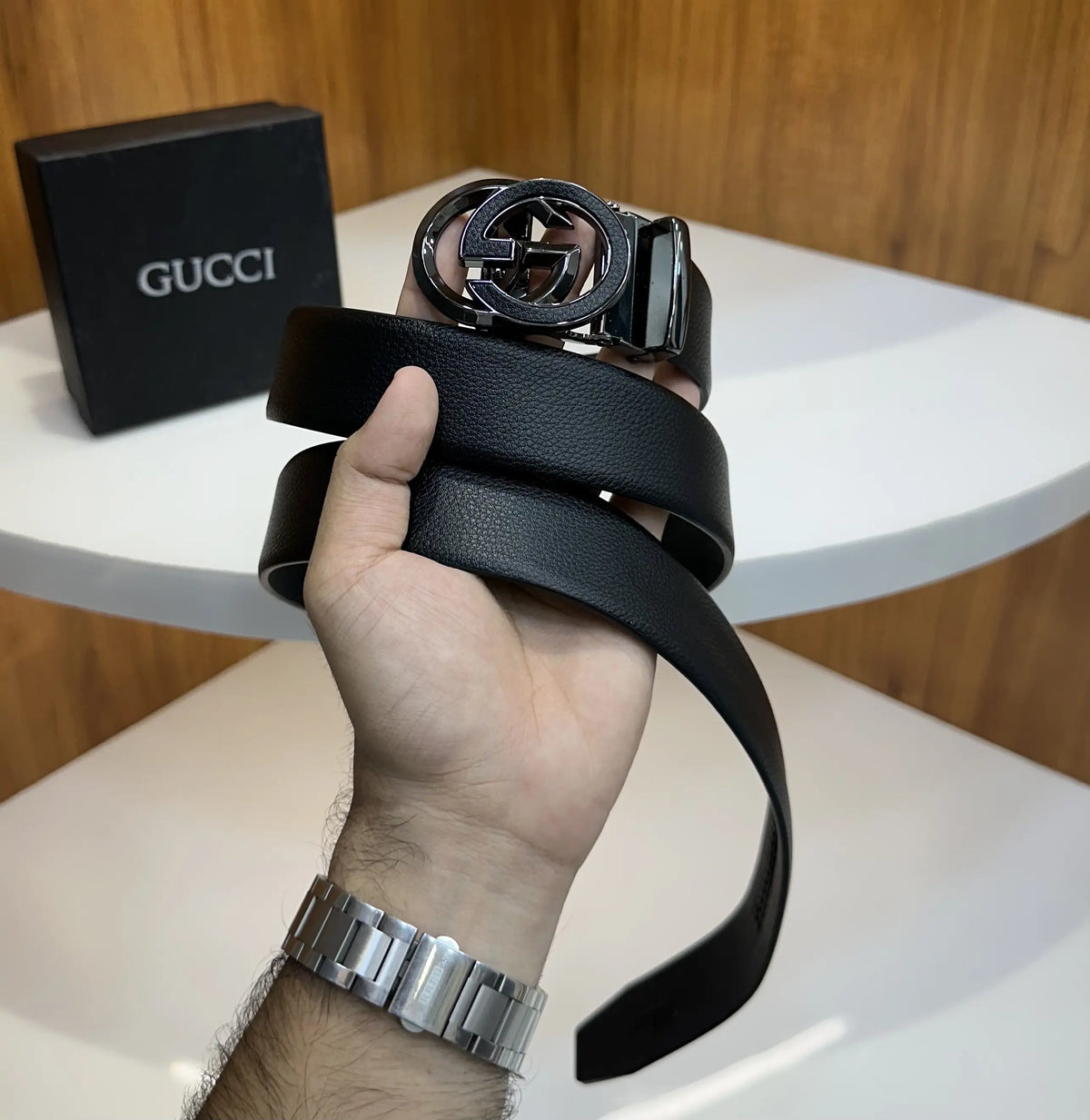 Gucc i Premium Imported Belt Grey Black Autolock g9089