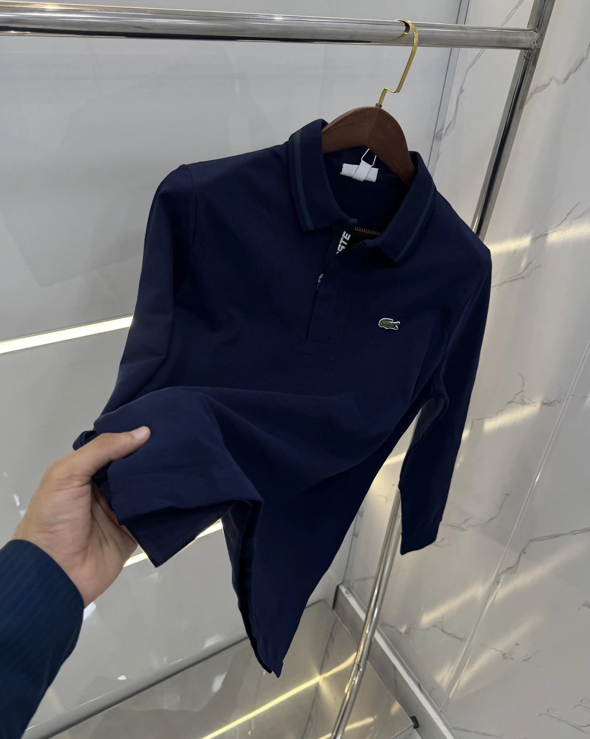 Lacost e Navy Blue Logo Work Premium Full Sleeve Polo T-Shirt