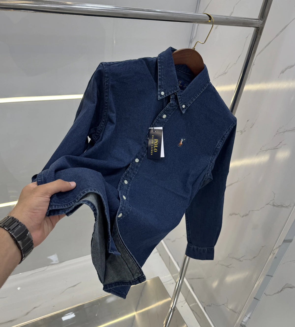 Ralph Lauren Dark Blue Embroidery Logo Premium Denim Shirt