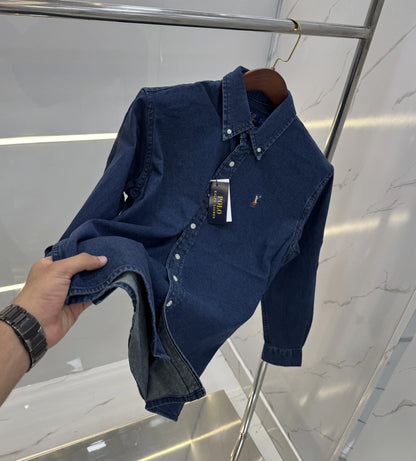 Ralph Lauren Dark Blue Embroidery Logo Premium Denim Shirt