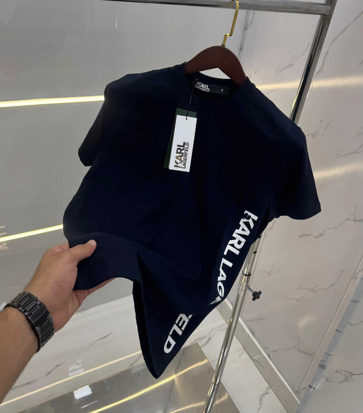 Kar l Lagerfeld Navy Blue Logo Print Premium T-Shirt
