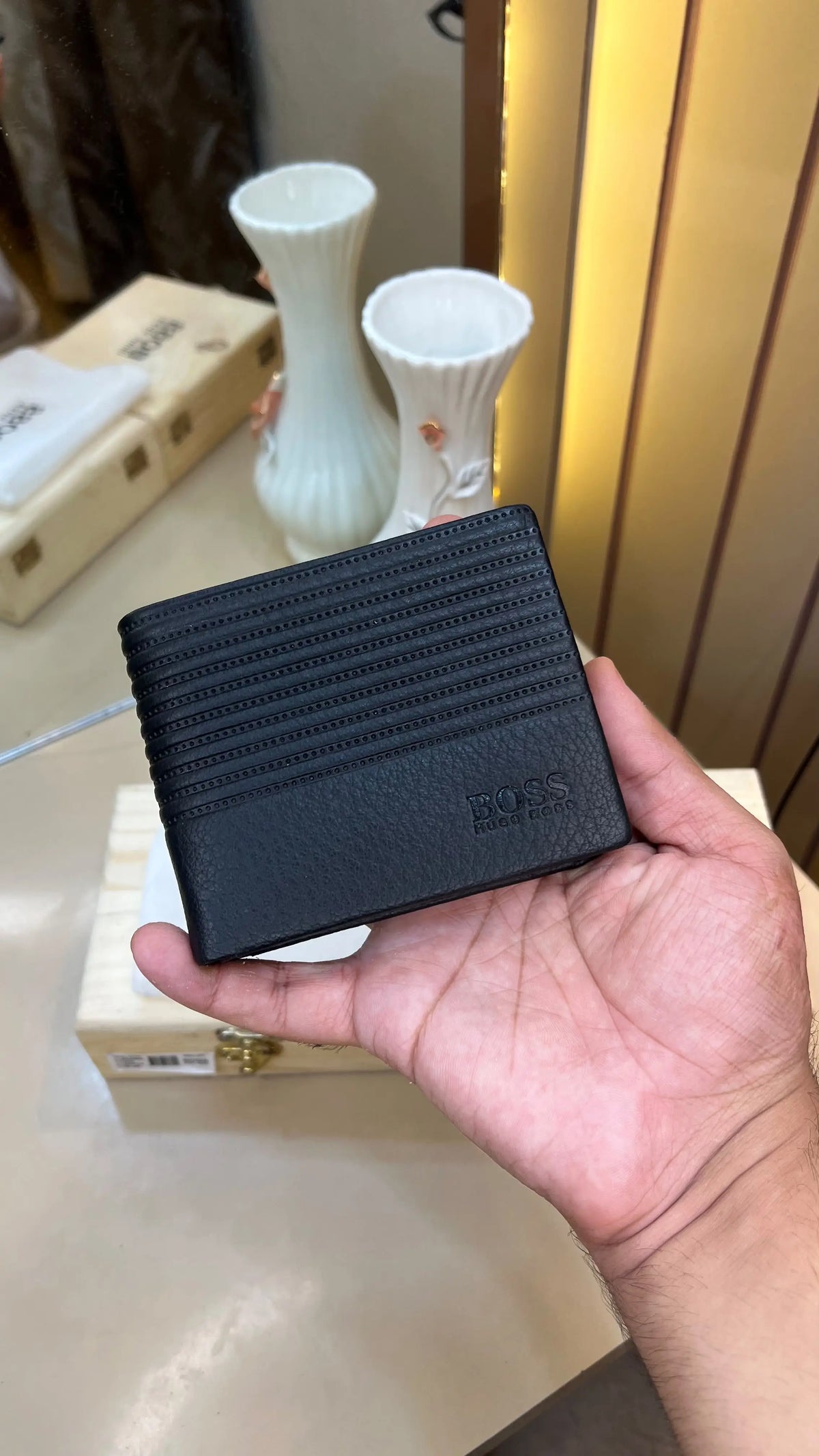 BOSS PREMIUM QUALITY IMP WALLETS WITH OG WOODEN BOX (BLACK)