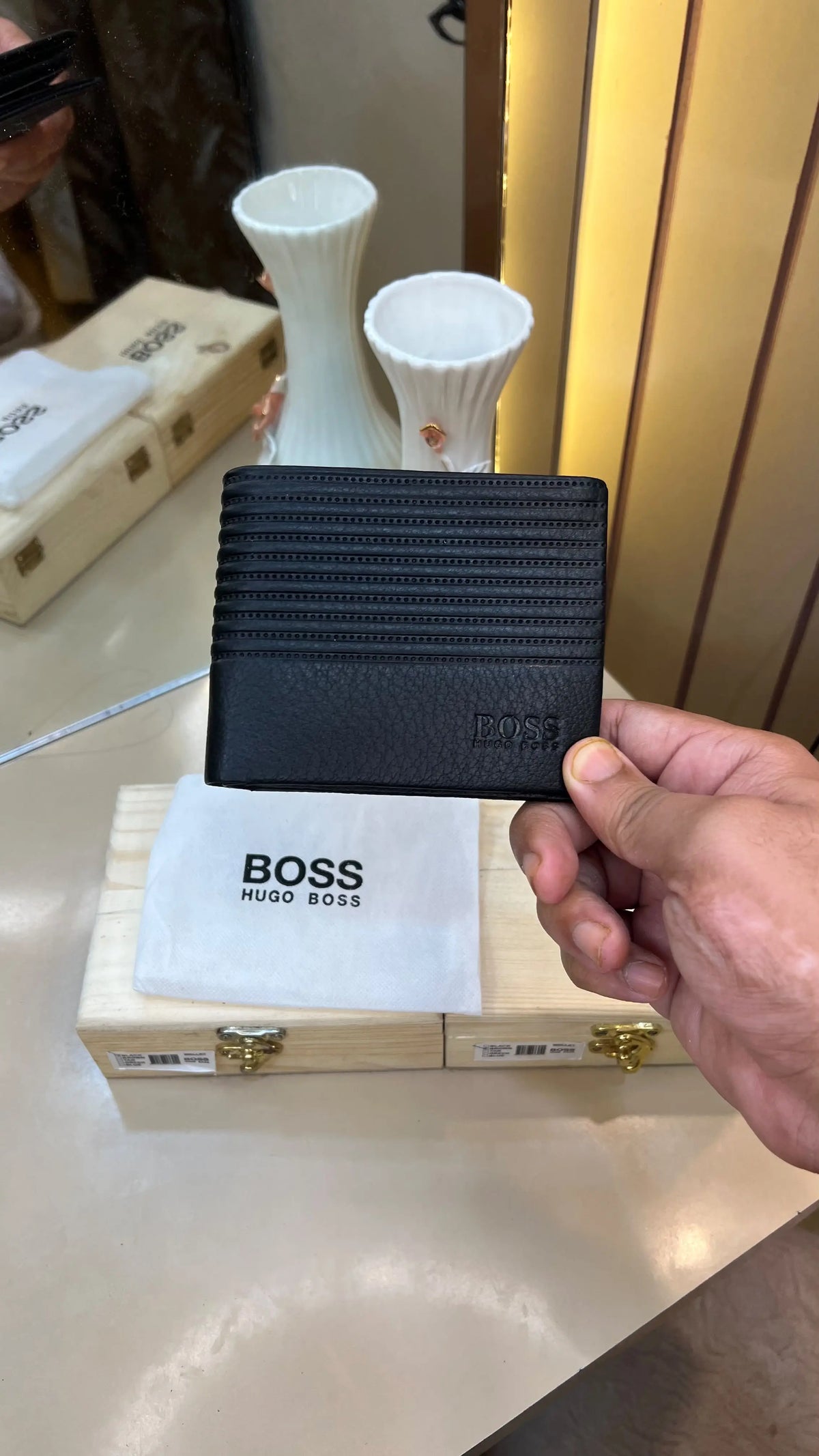 BOSS PREMIUM QUALITY IMP WALLETS WITH OG WOODEN BOX (BLACK)