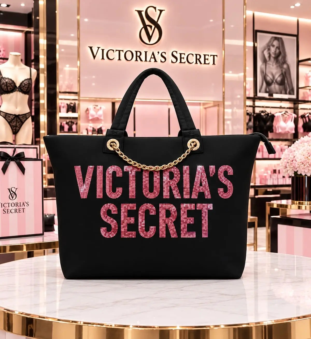 Victorias Secre t Luxury Tote Bag Black With Carry Bag vs330