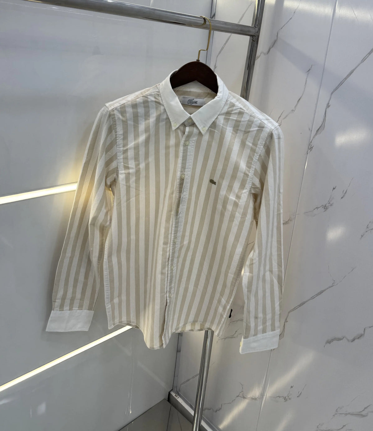 Lacost e Beige strips Embroidery Logo Premium Oxford Shirt