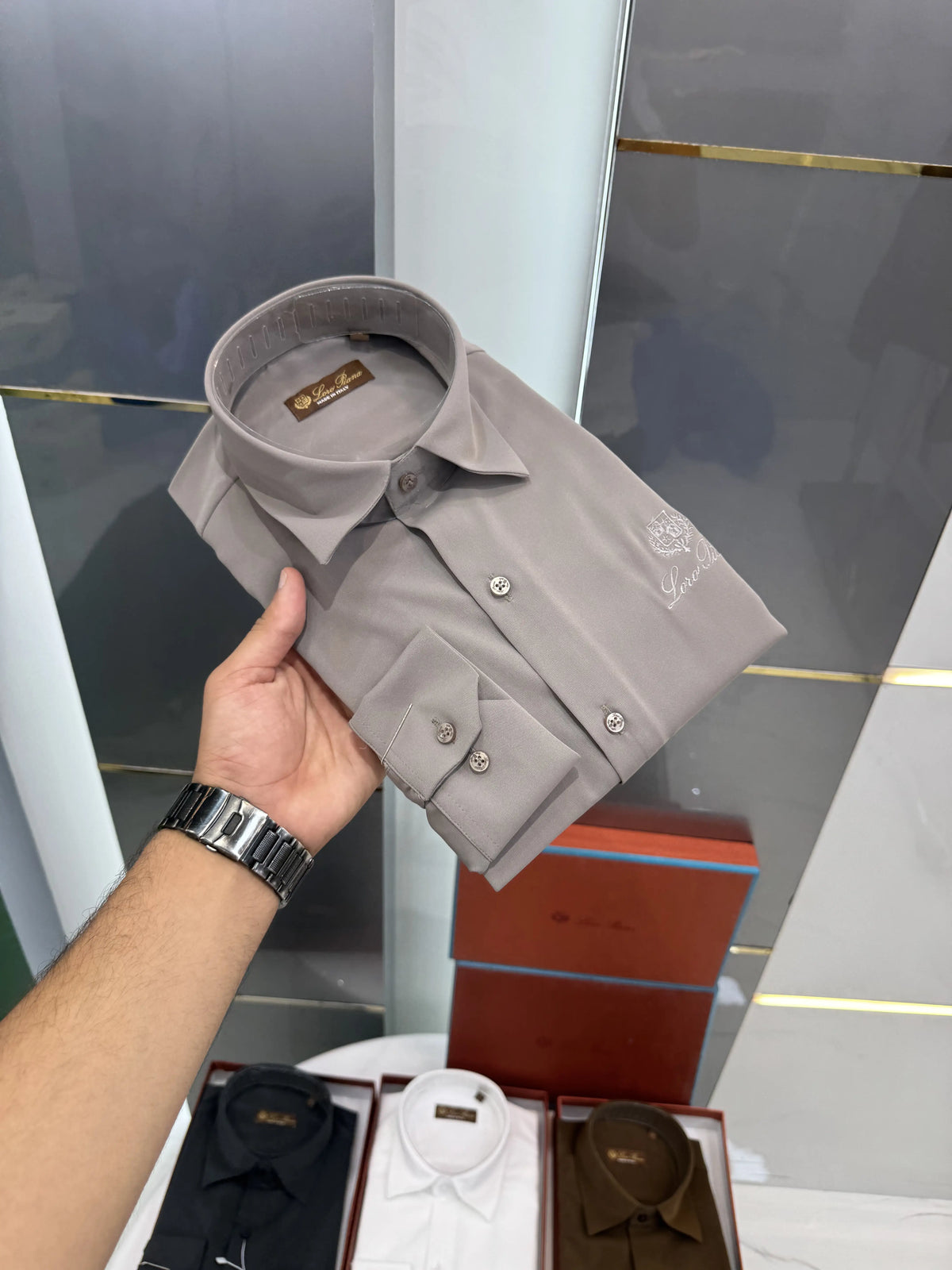 Loro Pian.a Light Grey Embroidery Logo Premium Shirt With Original Box